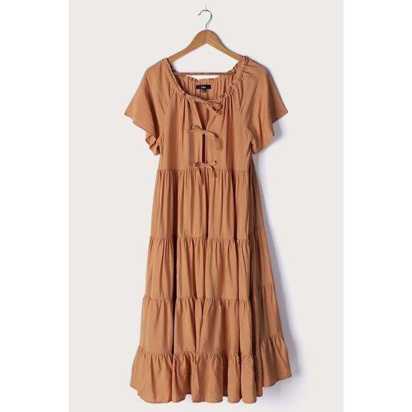 Lulus Present Moment Light Orange Bow Front Tiered Maxi Dress Small - Picture 5 of 15